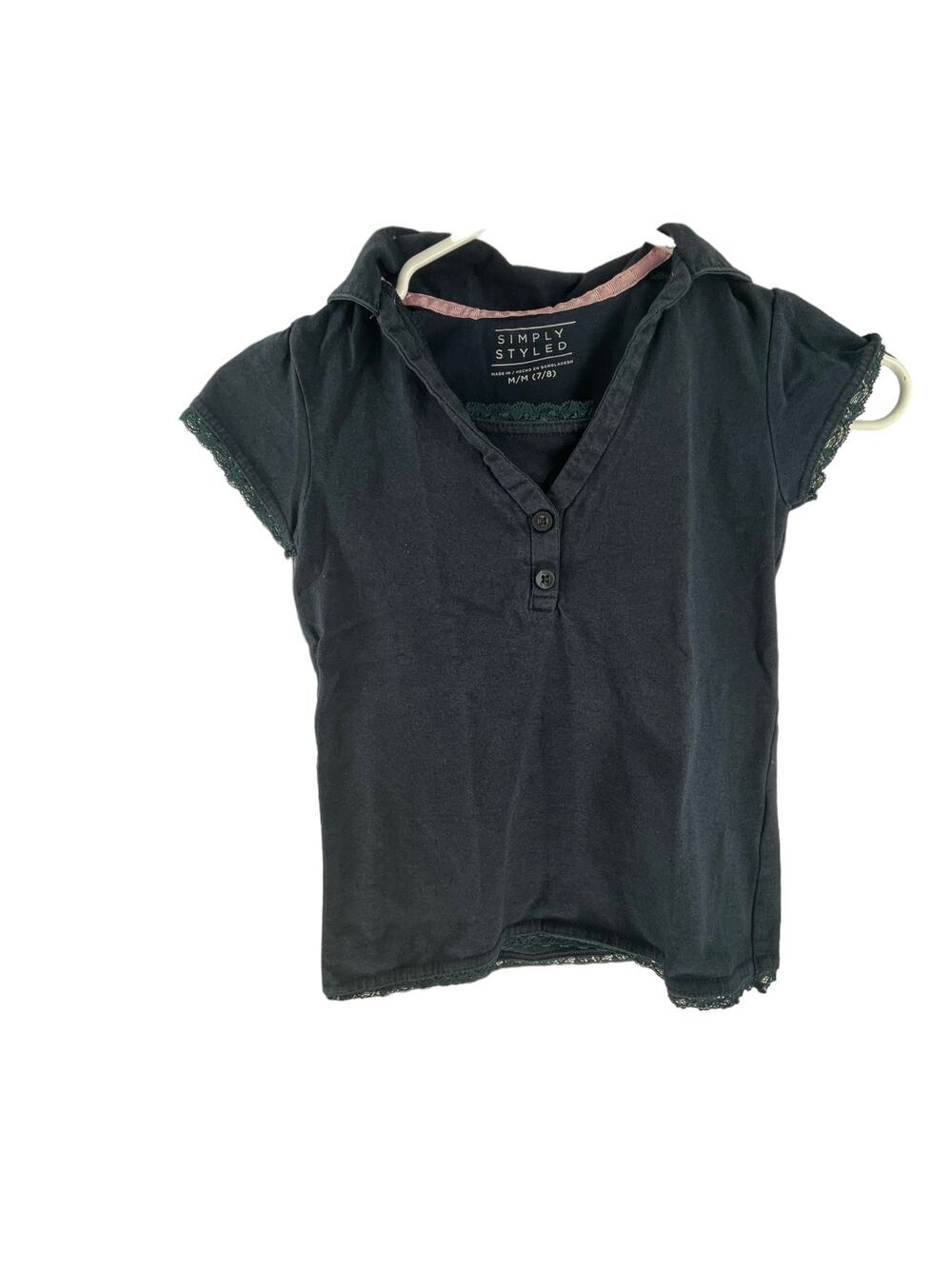 Simply Styled Girls Black Short Sleeve Lace Trim Polo Shirt Youth Size Medium